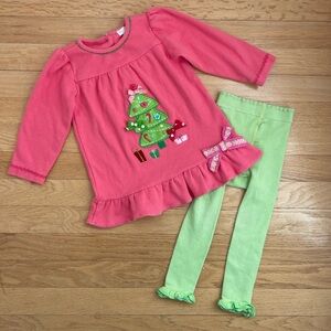 LE TOP VGUC Christmas Tree Appliqué Dress & Ruffle Tights Set